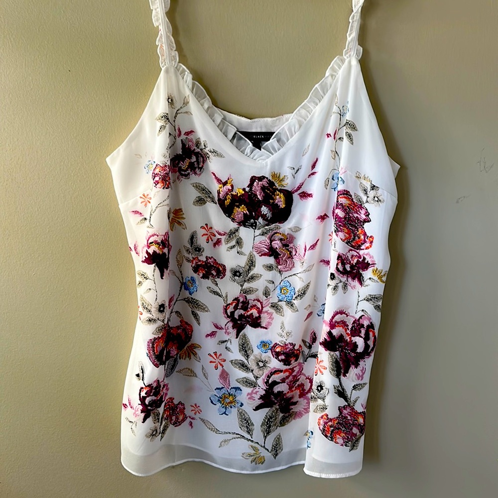 NWOT LARGE never worn WHBM embroidered camisole top with ruffle detail